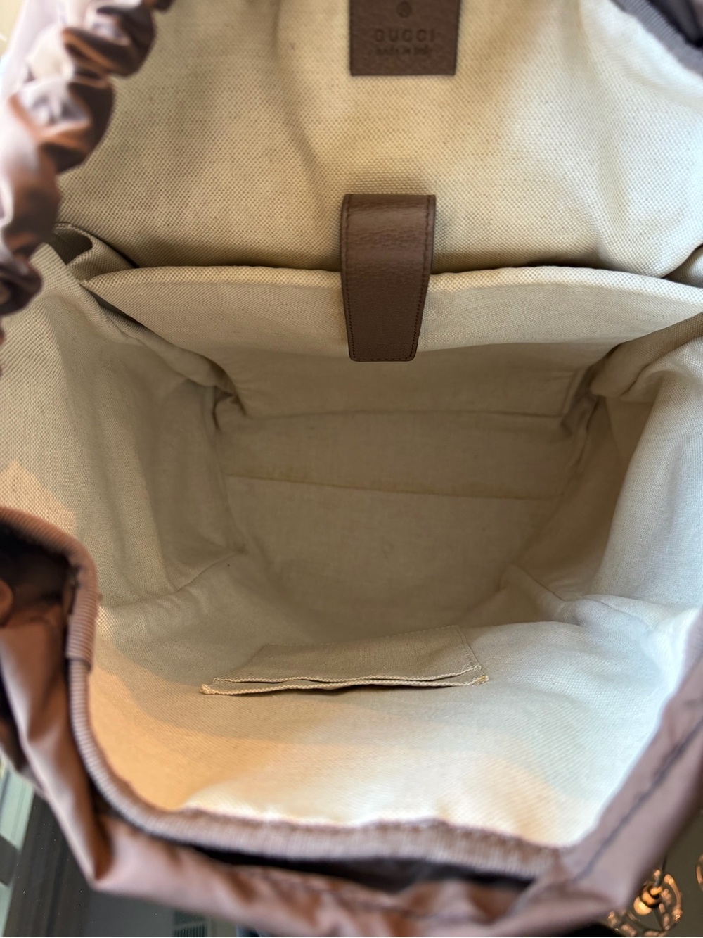 Gucci GG Supreme Coated Canvas Backpack with Red & Green Stripe and Brown Trim - Picture 12 of 16